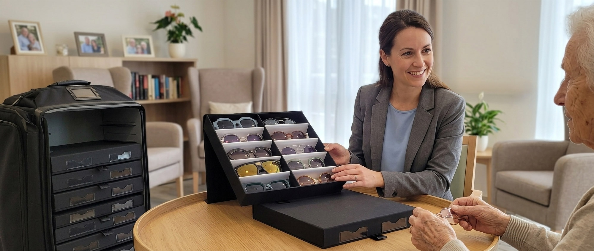 Opticien itinérant présentant des montures de lunettes en EHPAD avec une valise à tiroirs Bag PRO.