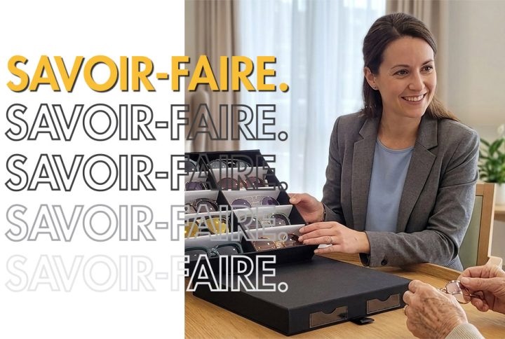 Vignette article - Opticien itinérant présentant des montures de lunettes en EHPAD avec une valise à tiroirs Bag PRO