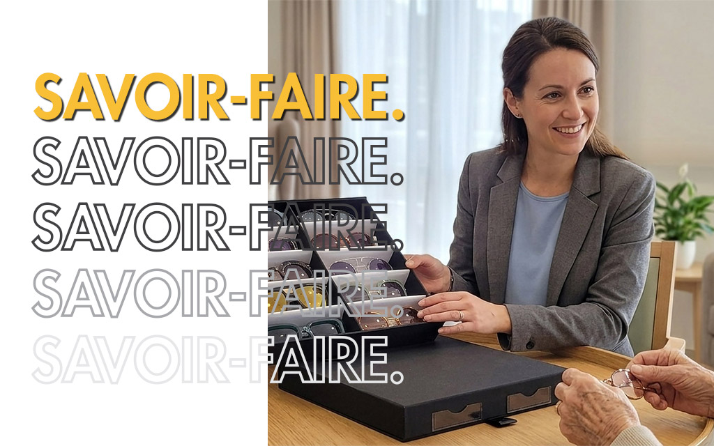 Vignette article - Opticien itinérant présentant des montures de lunettes en EHPAD avec une valise à tiroirs Bag PRO